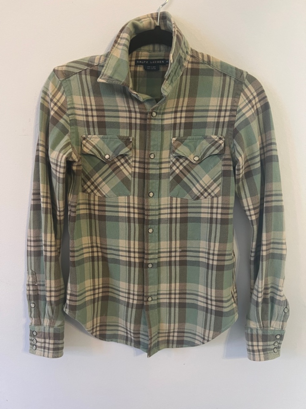 Ralph Lauren Blue label western pearlsnap Green and Tan Plaid Button-Up Shirt